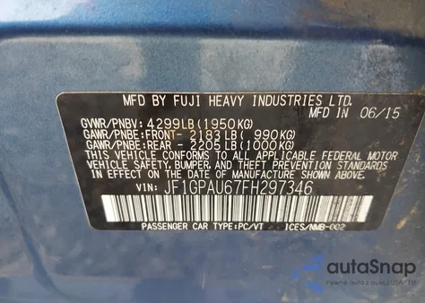 2015 Subaru Impreza 2.0I Sport Premium from USA, damaged, VIN JF1GPAU67FH297346